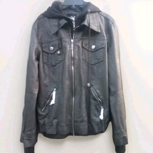 LOCK AND LOVE Jacket Womens Sz M Black Hooded Faux Leather Motorcycle Zip Pocket